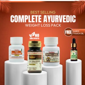 Complete Ayurvedic Weight Loss Pack by Vardhan – Fat Gaj Kesri Capsules, Fat Gaj Kesri Tablets, and Triphala Amrit Capsules with Free Nabhi Touch Oil.