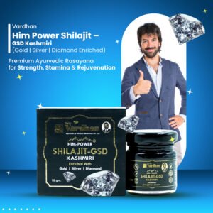 Vardhan Him Power Shilajit GSD Kashmiri – Ayurvedic formulation enriched with Gold, Silver & Diamond Bhasmas for strength and stamina.